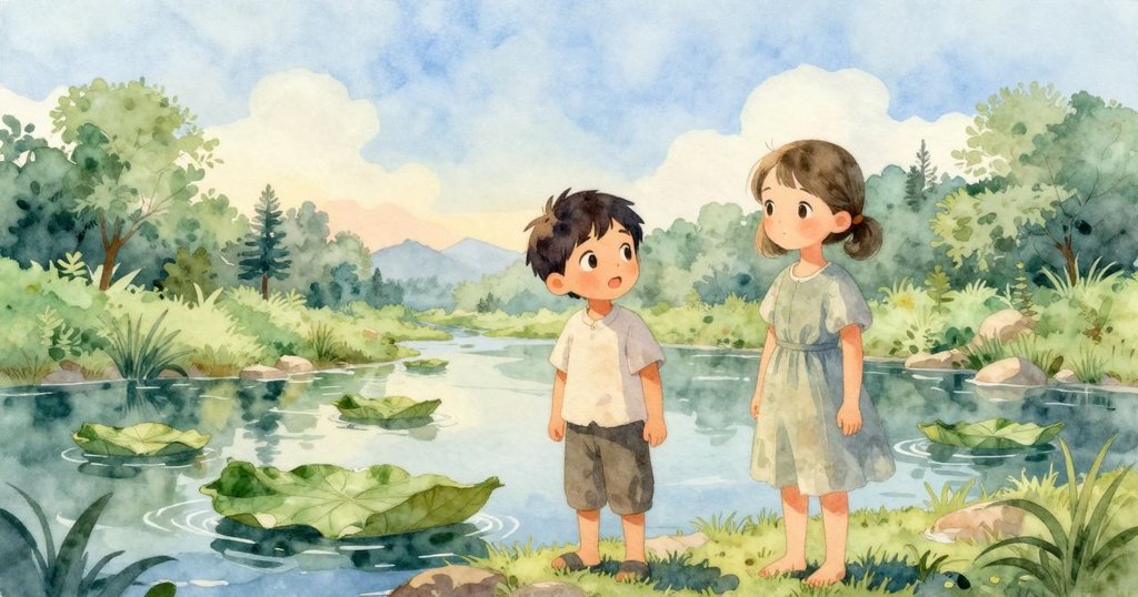 兩人站在新形成的淺池邊,觀察浮葉小舟,夕光映照下充滿希望與未來的曖昧感。