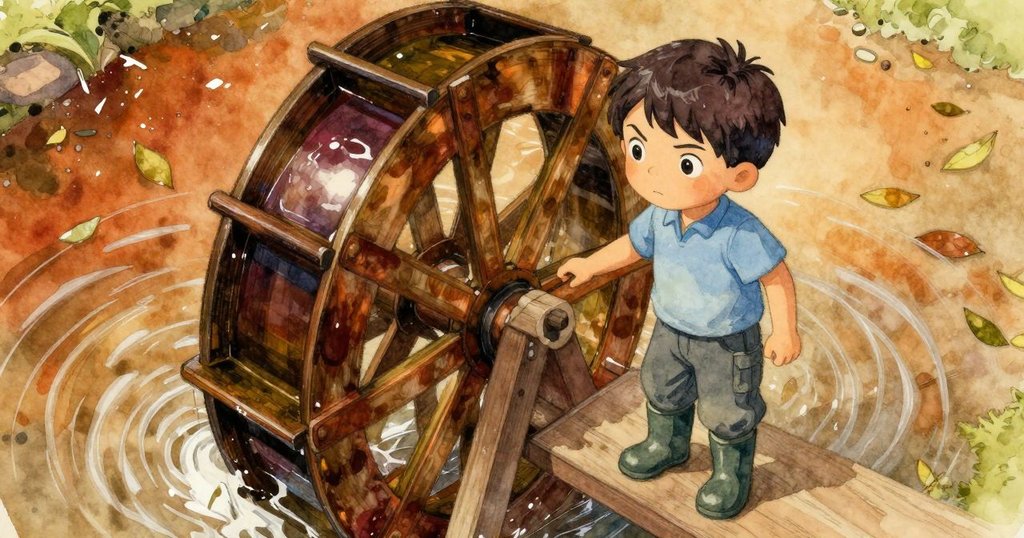 從高角度觀看,Inigo站於水車旁,凝視下方旋轉水流及落葉,神情中透著決心與柔情。