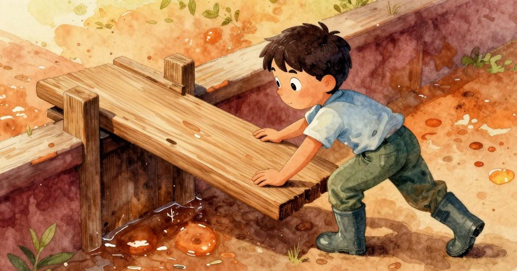 Inigo在閘口處用力推動橡木板,陽光斑駁中展現陳舊質感,場景充滿歷史氣息與動作張力。