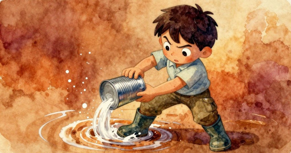 Inigo在水漩渦中果斷扭轉金屬罐蓋,手勢堅定、動作緊張,水光閃爍中展現高潮轉折。