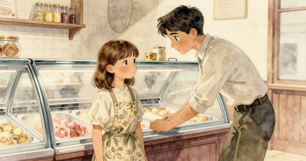 扎迪俯身於結霜展示櫃前,旁邊學徒忙於製作冰淇淋,室內光影交錯營造神秘氛圍。