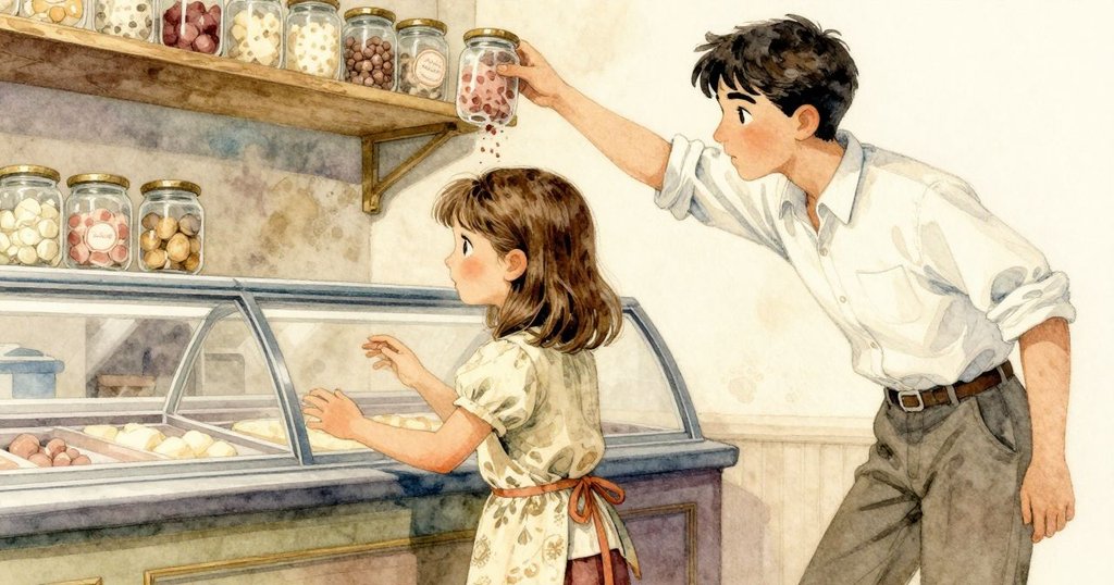 扎迪在陳列架前伸手取糖粒瓶,學徒袖子輕碰引發散落,櫃檯上展現細膩室內情境。