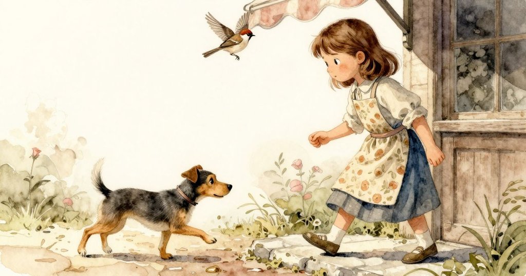 扎迪踏出冰淇淋店,踏上石質門檻,犬伴活潑奔跑,雀鳥停於屋簷,室外涼爽光景映襯。