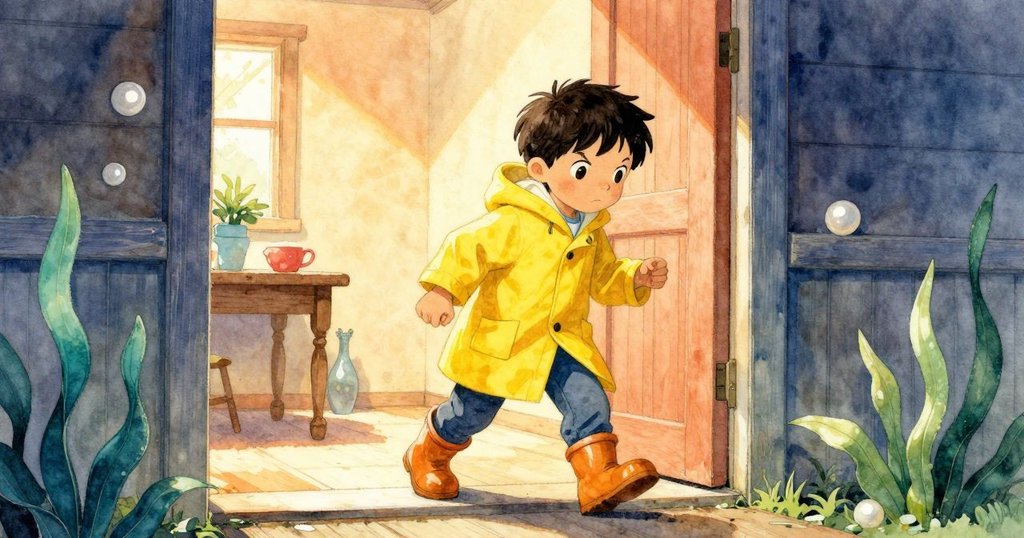 Basil正從門廊走出, 雨衣緊扣, 內部霧窗與發光日誌、鉛筆呈現神秘氛圍, 氣氛既期待又活躍