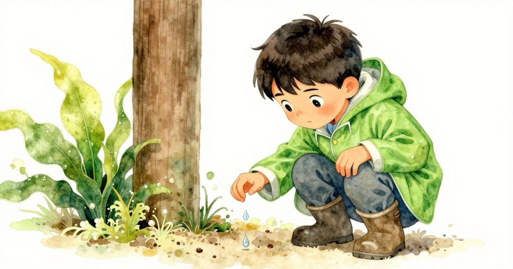 Basil蹲於木柱旁, 專心觀察浮動水滴與微妙測量線, 周圍青菜與濕土彰顯自然奧妙