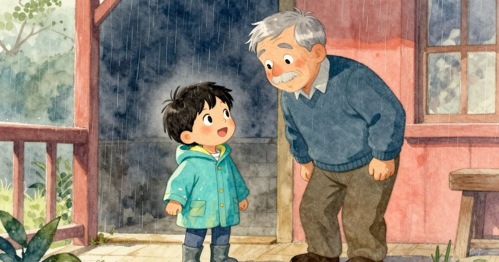 Basil與祖父在門廊共享寧靜喜悅, 雨勢減弱時散發溫馨親情, 兩人互動洋溢著溫暖笑容