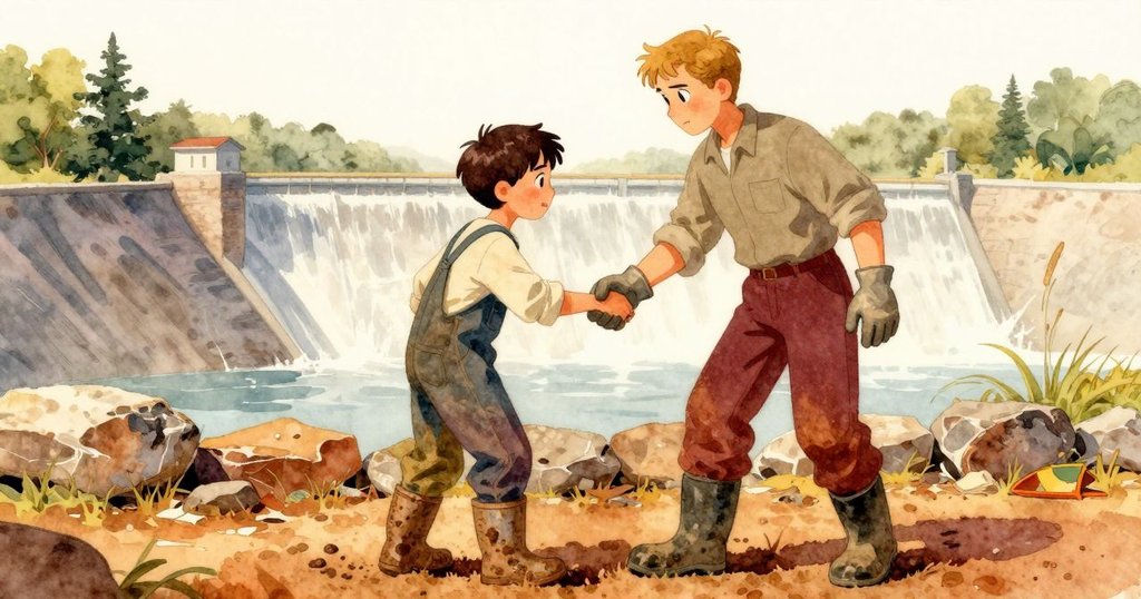 奧斯溫站在石壩旁迎接科賓握手，背景有忙碌勞動人群，環境充滿暖色陽光與流水聲