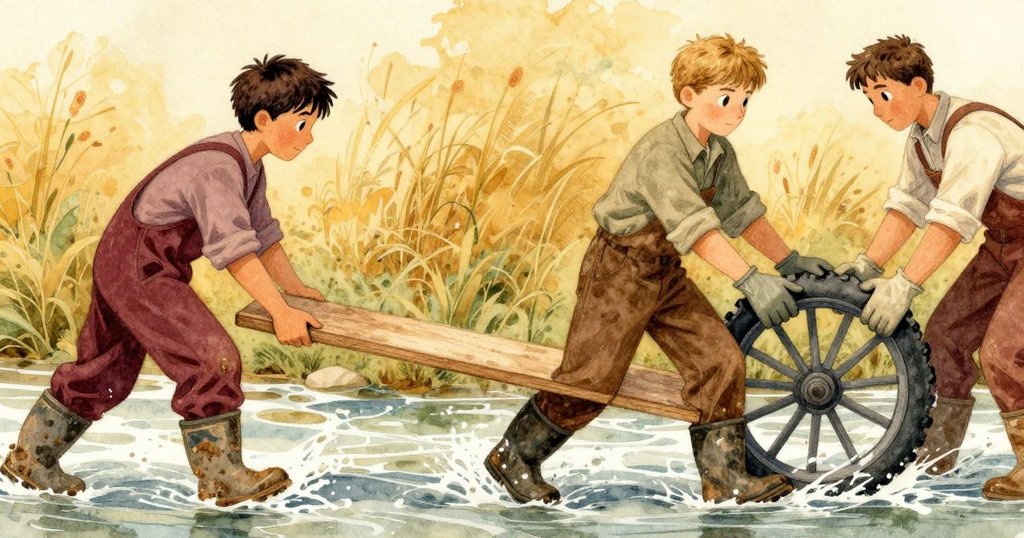 畫面分割：左側奧斯溫推動水槽板，右側科賓以手套穩住水車，兩人分工合作展現動態協作