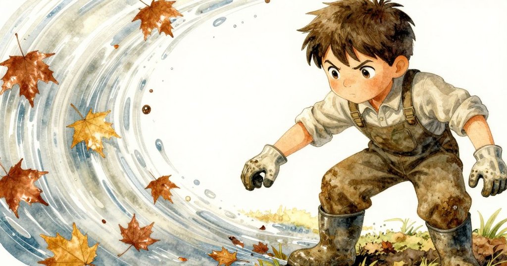 近距離觀察旋轉水流下隱藏的楓葉與樹枝碎片，展示水中細膩的動態與微光