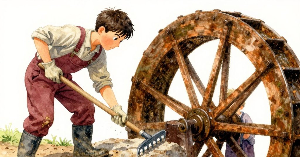 奧斯溫站在支撐石上傾角使用耙子清理水車間阻礙，科賓伸手穩住轉盤，兩人表現出堅定奮鬥精神