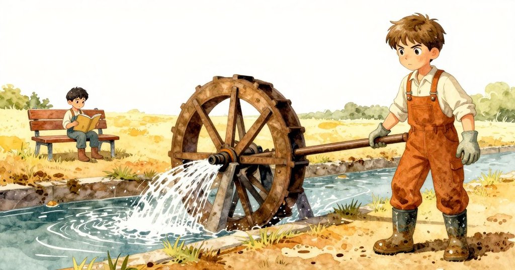 水車恢復節奏，清澈藍水中水花飛濺，旁邊長椅上家長靜靜閱讀，展現挑戰後的寧靜重聚