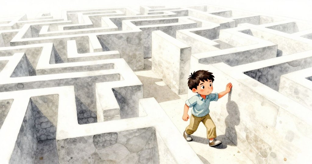 Glen 正走進迷宮走道，石頭排列整齊，充滿好奇心與一絲不安，場景呈現微傾角度營造神秘感