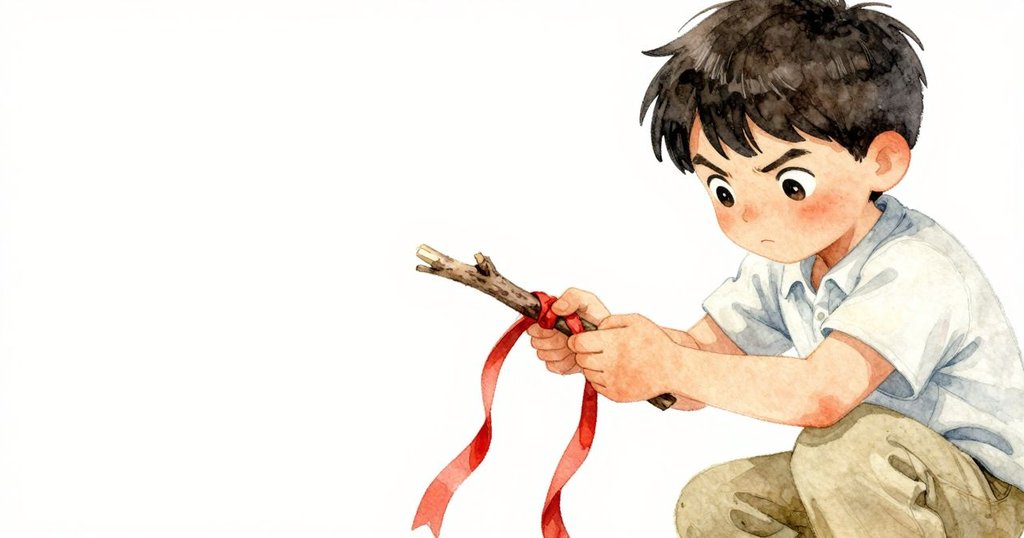 Glen 正用手將亮色絲帶系在高處的小樹枝上，細膩展現動作與自然光線，充滿專注神情