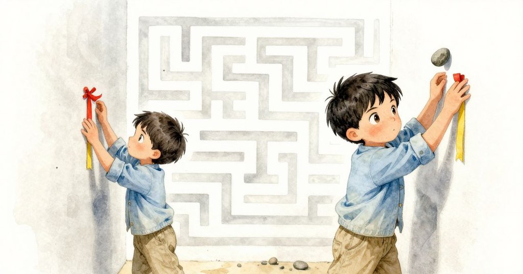 Glen 同時在牆上裝上紅黃絲帶，並投出小石子測試通道，場景分割顯示兩個動作，充滿探索氣息