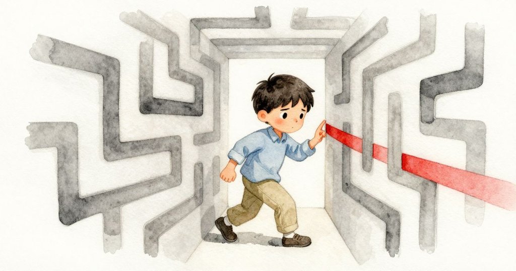 Glen 站在狹窄通道，臉上流露出困惑，身邊重疊的絲帶使他步伐放慢，環境陰影細膩