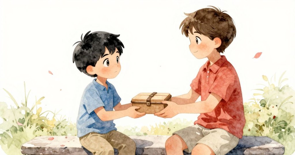 Glen 與 Kane 在陽光灑落的空地上重逢，Kane 手持午餐盒，周圍落英紛飛，充滿溫馨與喜悅