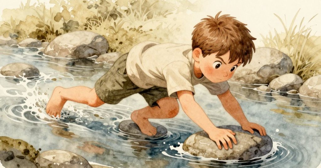 艾莫瑞在傾斜角度中滑放石頭入淺溪, 背景有藍灰色石頭與松樹, 面露專注與充滿好奇心