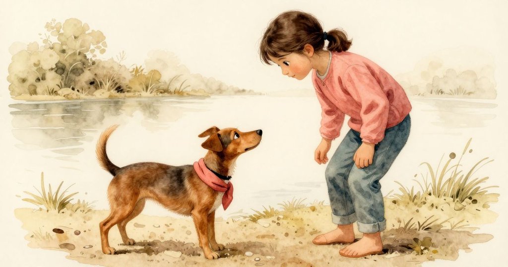 扎拉蹲在溪邊捲起衣袖, 小狗警覺跟隨, 地面鋪滿碎石, 氣氛溫暖細膩