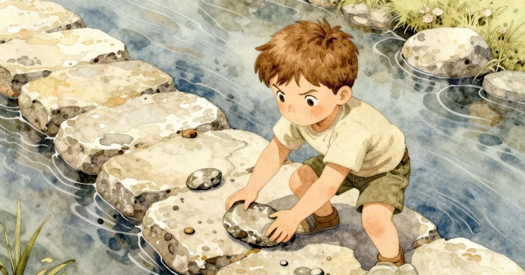 從高處俯瞰, 艾莫瑞小心放下第五塊石頭, 石頭排列成通道, 標記牌靜立背景中, 氣氛平和