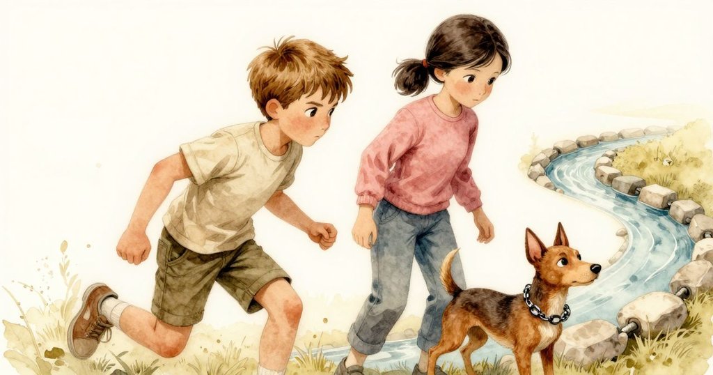 石頭小徑呈現夢幻幾何排列, 角度與縫隙不尋常, 溪水流動中帶出神秘魅力, 燈光柔和