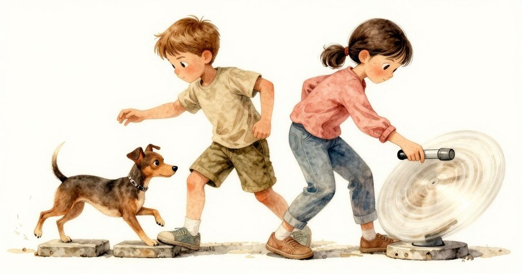 艾莫瑞踏上新石頭引發動作, 小石子滑過水面, 扎拉迅速伸手穩住旋轉標記牌, 氣氛緊張而果斷