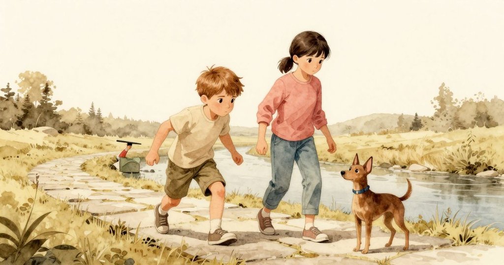 完成的石頭小徑跨越溪流, 扎拉穩握標記牌展現指引, 艾莫瑞與小狗在背景, 景色寧靜廣闊