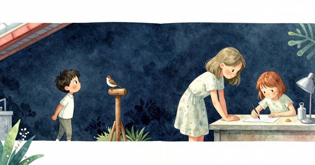 芬坦彎身檢查實驗台,妹妹認真記錄數據,雀鳥在木牌上跳躍,戶外光影交錯,展示探索初始情景