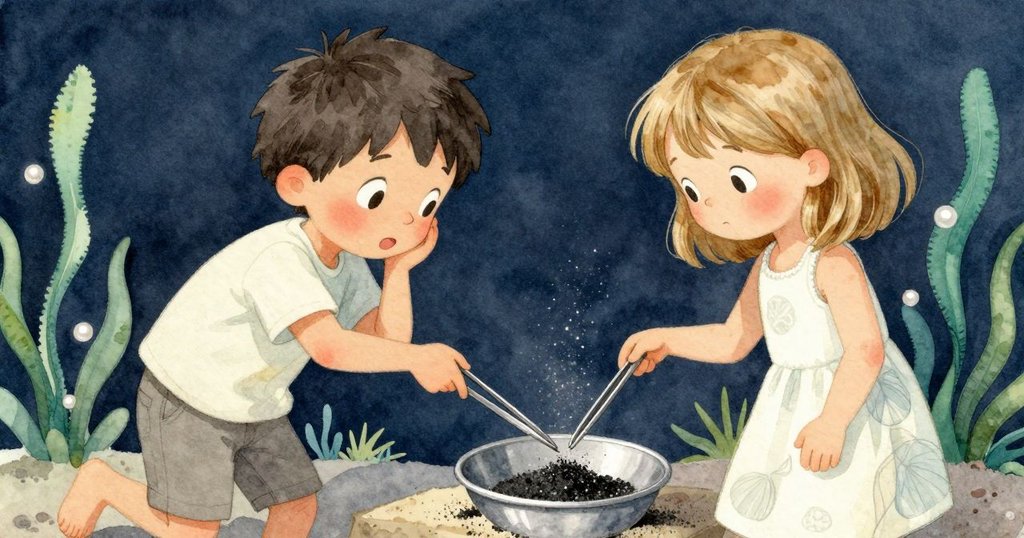 手握鑷子靠近金屬盤,磁力吸引黑沙粒流動,細節清晰展現實驗過程中的精妙觸感