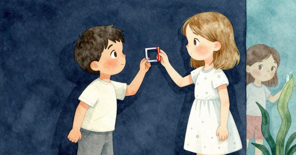 穿過縫隙觀察,芬坦專注試驗磁石,妹妹在背後記錄數據,光線柔和展現秘密探索情境