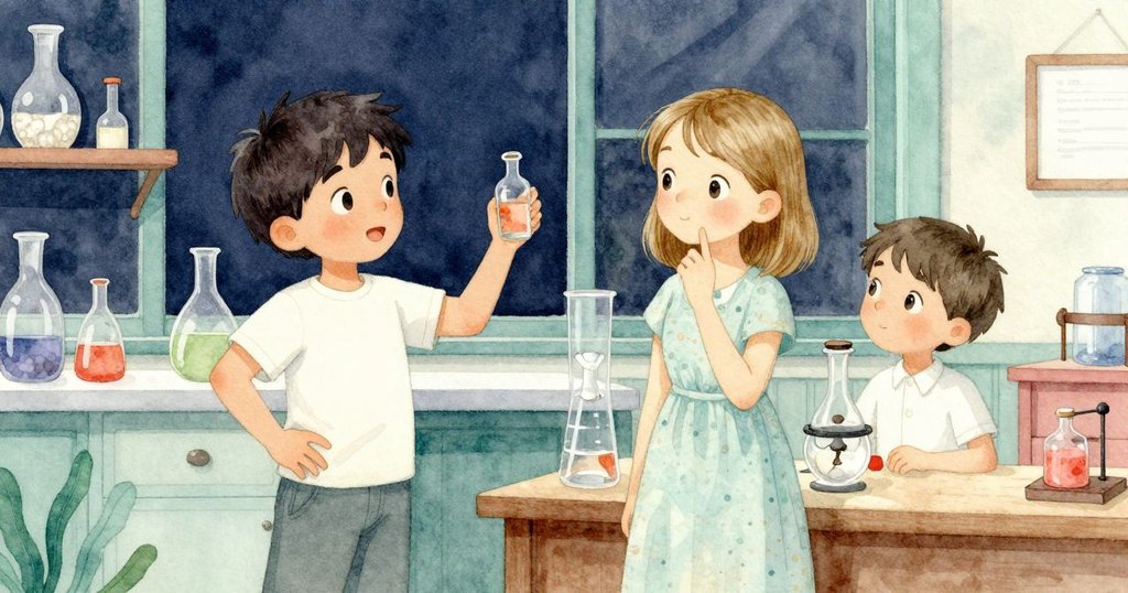 室內實驗室內,妹妹謹慎遞上玻璃瓶,芬坦專心聆聽,溫暖光影中呈現安靜實驗情境