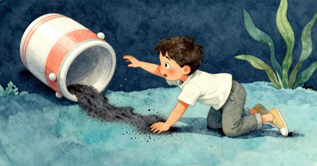 芬坦滑動磁石,黑沙順勢流動形成細長河流,陶瓷盤傾斜展現實驗精確動態,光影強烈呈現動作瞬間