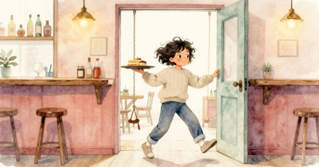 雅薇特端著泡沫飲料從搖動門口離開,背景呈現溫暖酒吧內部與瓷磚牆,動作輕快,情緒愉悅。