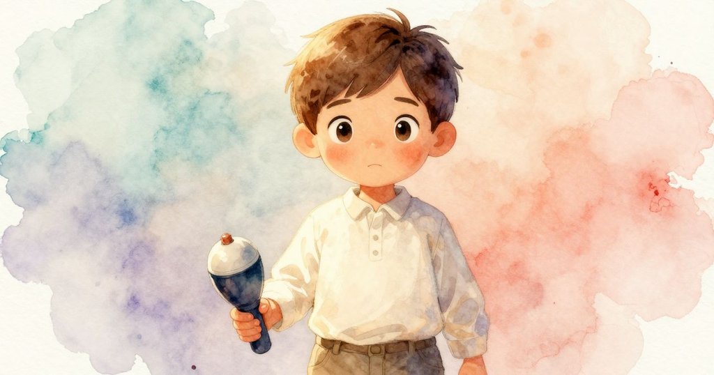 伊恩專注近距離凝視反向擺放的調味瓶,手中包著紙巾,背景酒吧櫃檯細節豐富,表情堅定。