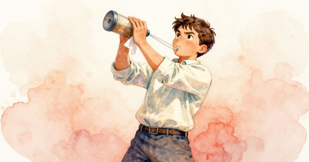 從低角度觀看伊恩用橡皮筋和乾紙巾旋轉調味瓶,動作專注,用具細節豐富,背景呈現溫暖酒吧櫃檯。