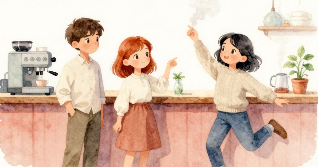 酒吧櫃檯隨時間流轉呈現不同光影,咖啡機蒸氣冒出,薄荷花瓶輕微顫動,各物件細節豐富,氛圍溫柔。