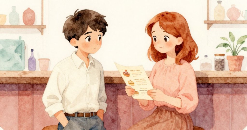 伊恩與帕洛瑪在櫃台前互動,帕洛瑪翻閱甜點菜單,彼此眼神交流展現溫暖理解,背景充滿舒適氛圍。