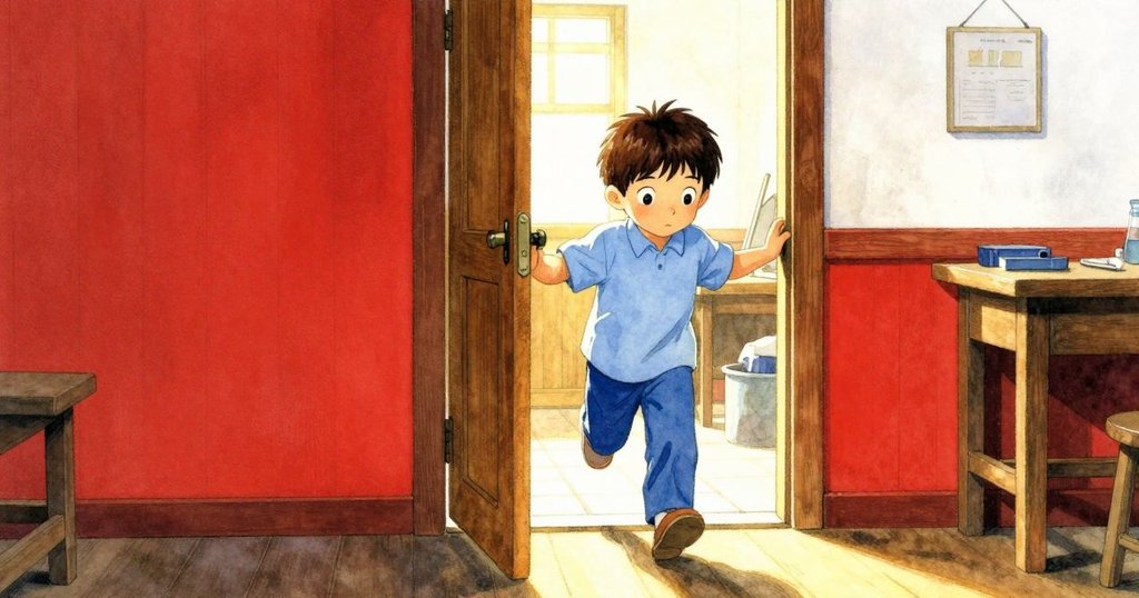 格雷姆通過木門進入工作室，充滿期待與好奇，背景有工具和陽光照射，故事開端。