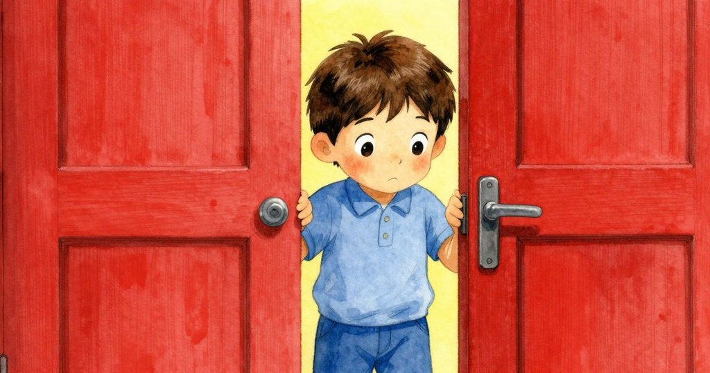 格雷姆透過半開的門縫靜觀工作室內部細節，表情專注、深思，透露創作過程的微妙情緒。