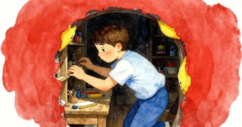 格雷姆在工作室隱秘角落發現儲藏黏土與濕布的地方，動作細膩，空間溫馨且充滿創意。