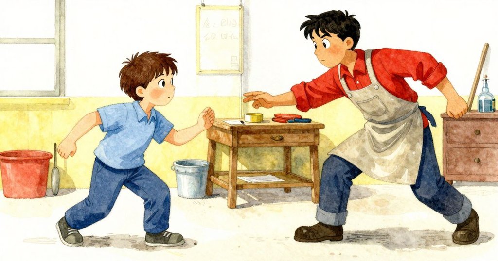 格雷姆迅速攔下滑動的印模，其半乾質感明顯，布拉姆在旁比較圓形把手，動作生動互動。