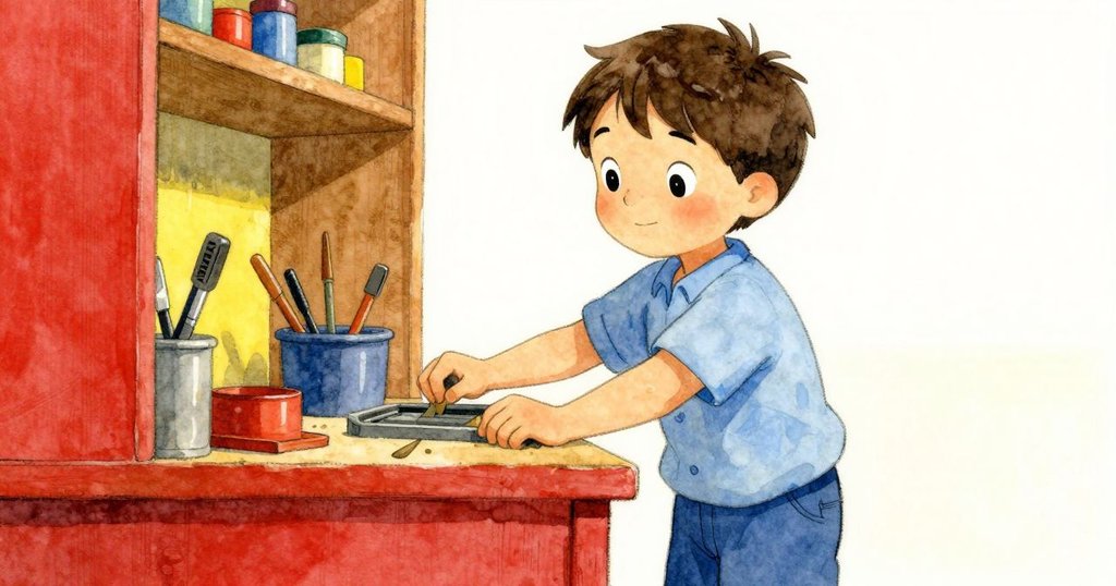 格雷姆在工作臺前充滿希望，伸手取新工具，臉上洋溢著自信，背景展示新印模與整齊工作空間，故事結尾。