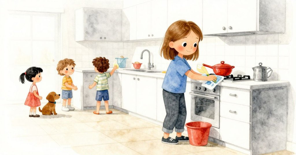 瑞婭在熱鬧廚房中清洗水槽, 家人與寵物圍繞, 充滿活力與合作, 展現故事開始的熱情與動感