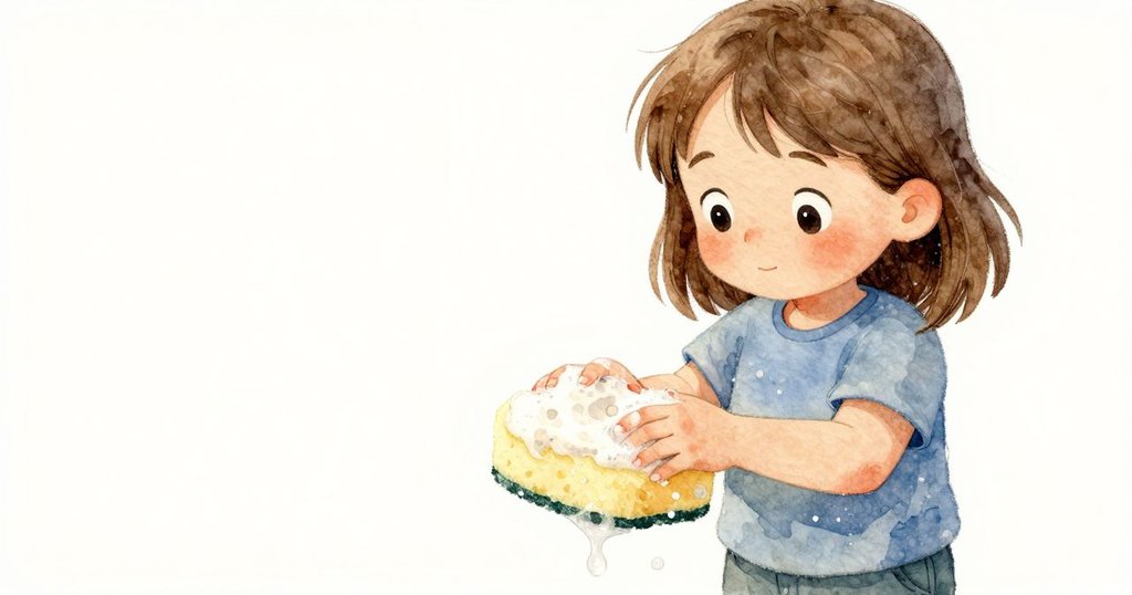 瑞婭手握充滿泡沫的海綿, 近距離展現努力象徵, 細膩水珠與質感突出, 敘述決心的發展