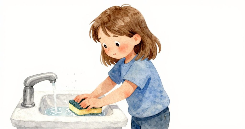 從低角度捕捉瑞婭用力壓海綿, 水花四濺, 呈現堅定決心與廚房活力, 敘述動作高潮的情景