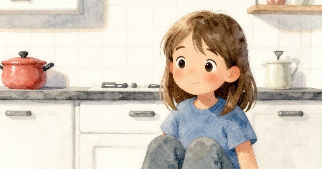 瑞婭在廚房靜坐休息, 臉上帶著滿足微笑, 展現一天辛勞後的平和與反思, 故事完結時的溫暖寧靜