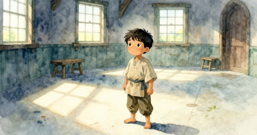 加納站在舊磨坊內，靜靜觀望機械，柔和晨光灑進窗戶，呈現平和等待動作前的氛圍