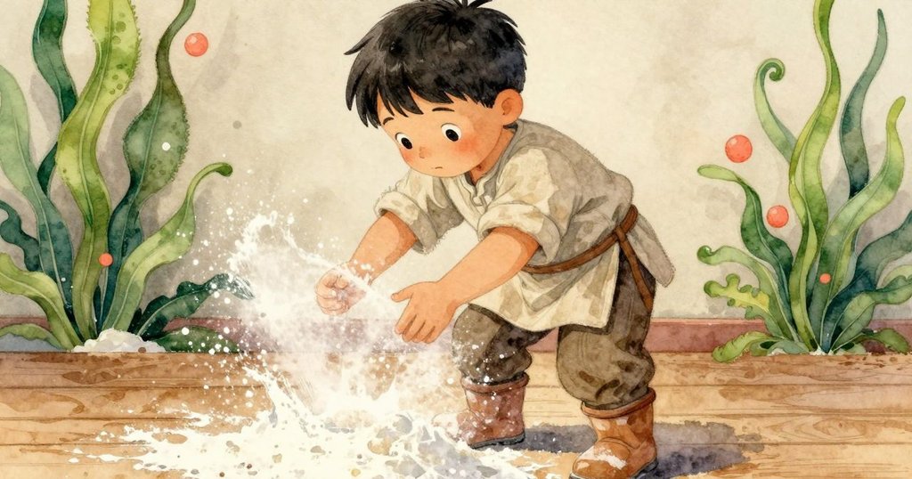 展示加納行走在覆滿麵粉的木地板上，靴子踏起麵粉微粒，充滿動態細節與溫暖光線