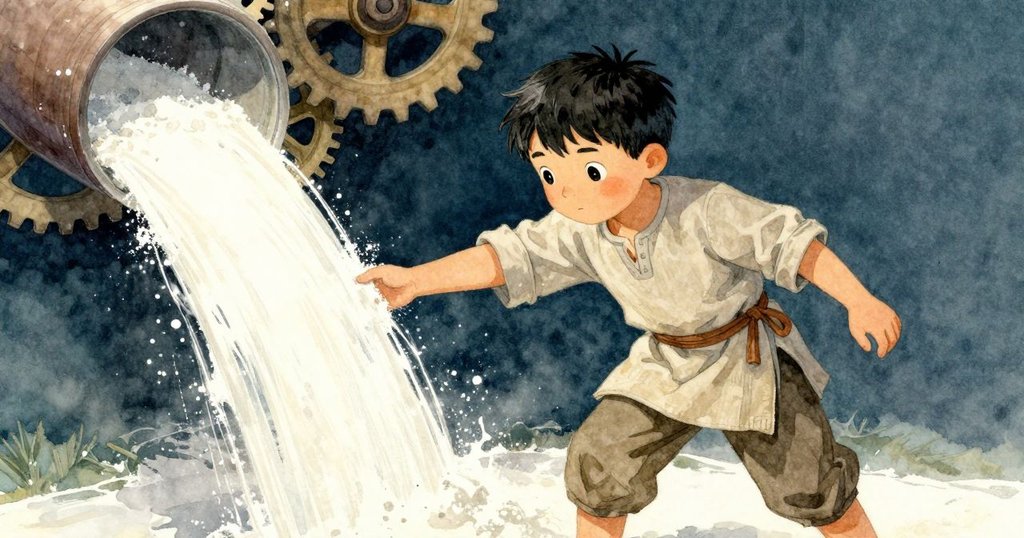 以加納視角展現搖盪的帆布槽傾瀉出淡麵粉，遠處齒輪齊鳴，營造出工業與流動的動態畫面