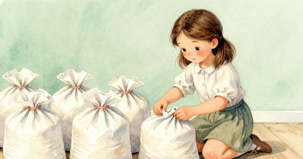 艾拉在磨坊儲藏室裡跪坐於桌邊，專注綁緊麵粉袋，周圍擺放著油罐和工具，光線清涼明亮