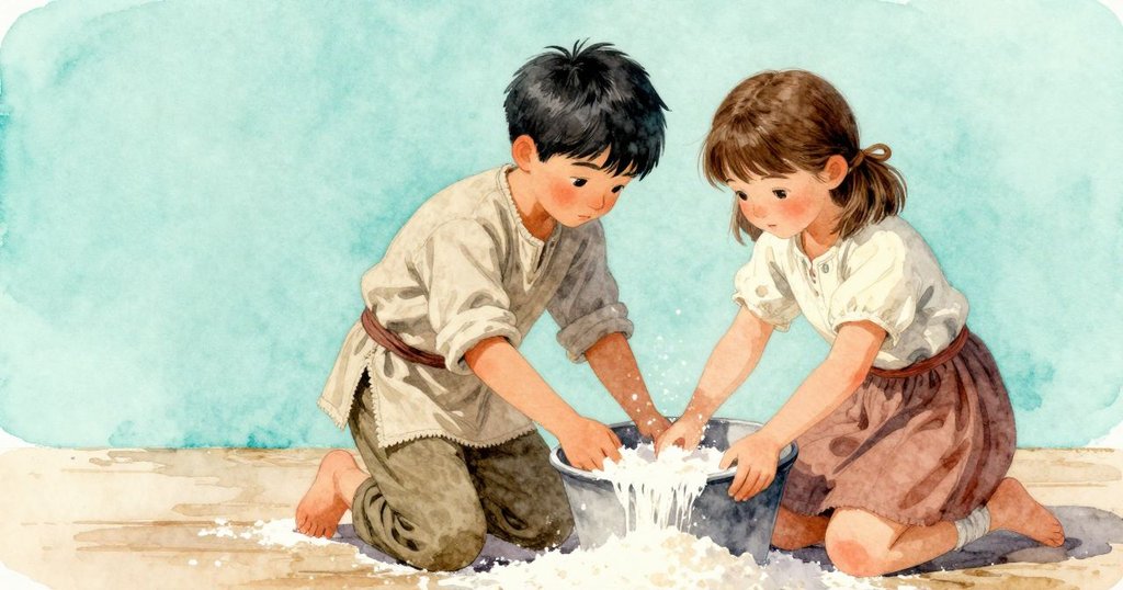 加納與艾拉在磨坊內共同調整收集箱，加納推動箱體，艾拉準備第二個麵粉袋，展現團隊合作的緊張時刻